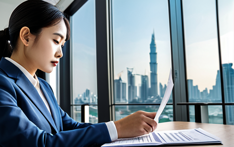 A focused professional in a modest business suit, fully clothed, reviewing official documents at a sleek, modern office desk. A laptop is open beside the papers, reflecting data. The background features a blurred map of Southeast Asia and a hint of a modern city skyline outside a large window. Perfect anatomy, correct proportions, natural pose, well-formed hands, proper finger count, natural body proportions, professional photography, high detail, sharp focus, vibrant colors, safe for work, appropriate content, family-friendly, professional dress.