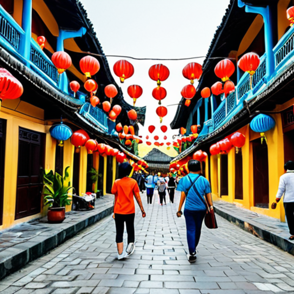 베트남 관광 산업 성장세 - "A vibrant street scene in Hoi An, Vietnam, featuring colorful lanterns and traditional architecture...