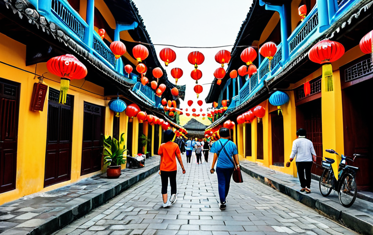 베트남 관광 산업 성장세 - "A vibrant street scene in Hoi An, Vietnam, featuring colorful lanterns and traditional architecture...