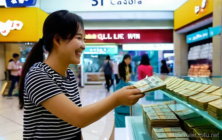 베트남 여행 안전 팁 - A Korean female tourist in her late 20s, with a friendly smile, exchanging US dollars for Vietnamese...