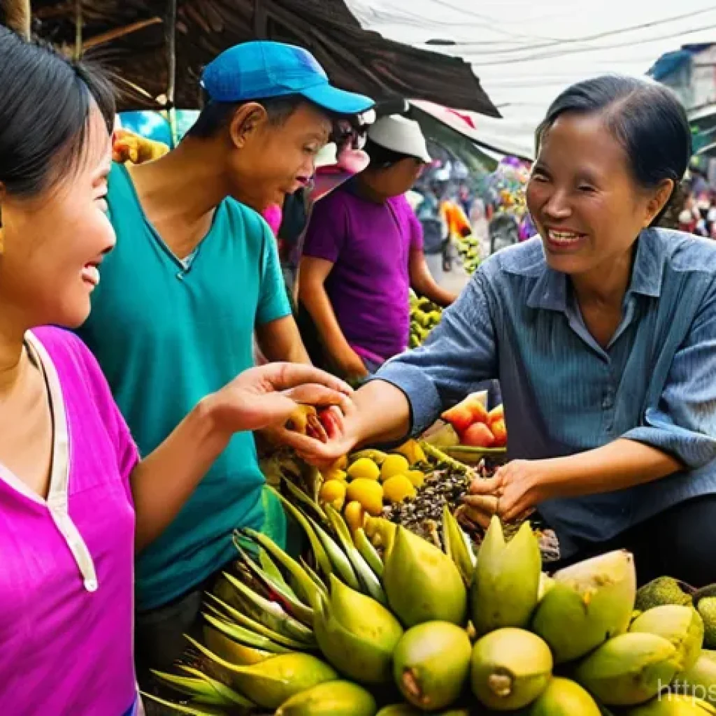 베트남어 숫자 배우기 - **Vibrant Market Haggling with Numbers**: A lively, colorful scene in a traditional Vietnamese outdo...