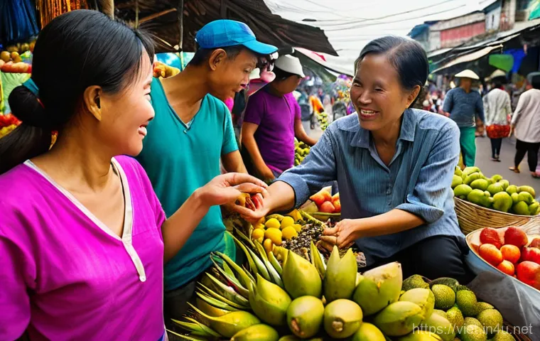 베트남어 숫자 배우기 - **Vibrant Market Haggling with Numbers**: A lively, colorful scene in a traditional Vietnamese outdo...