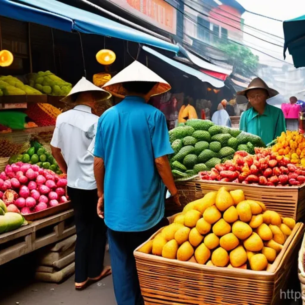 베트남 전통 시장 탐험 - A bustling and vibrant Vietnamese traditional market scene during the day. The market is overflowing...
