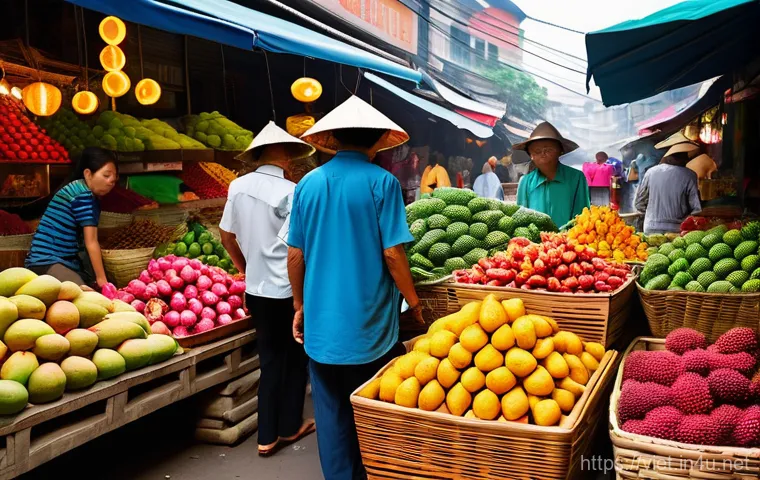 베트남 전통 시장 탐험 - A bustling and vibrant Vietnamese traditional market scene during the day. The market is overflowing...