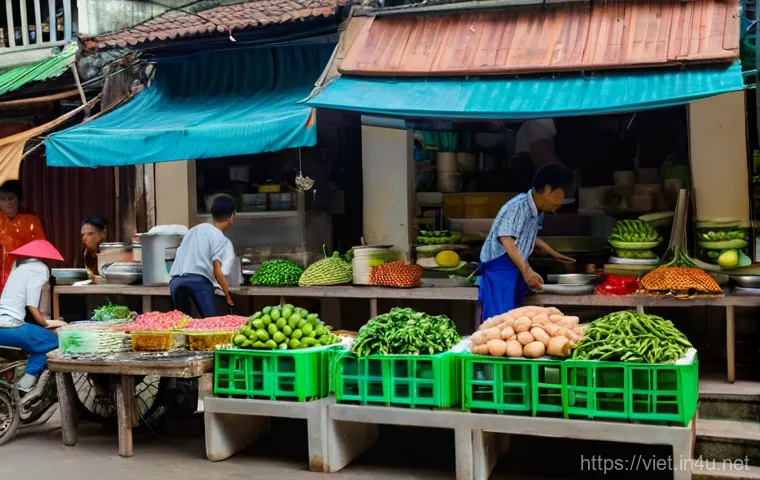 베트남 전통 시장 탐험 - A bustling and vibrant Vietnamese traditional market scene during the day. The market is overflowing...