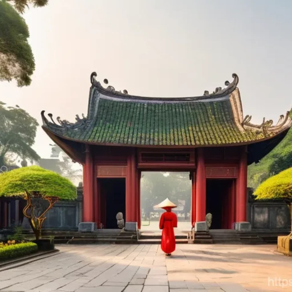 베트남 하노이 문묘 - **A Serene Morning at Van Mieu Temple of Literature:** A wide shot capturing the majestic Van Mieu M...