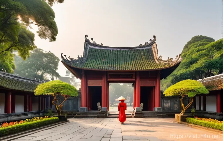 베트남 하노이 문묘 - **A Serene Morning at Van Mieu Temple of Literature:** A wide shot capturing the majestic Van Mieu M...
