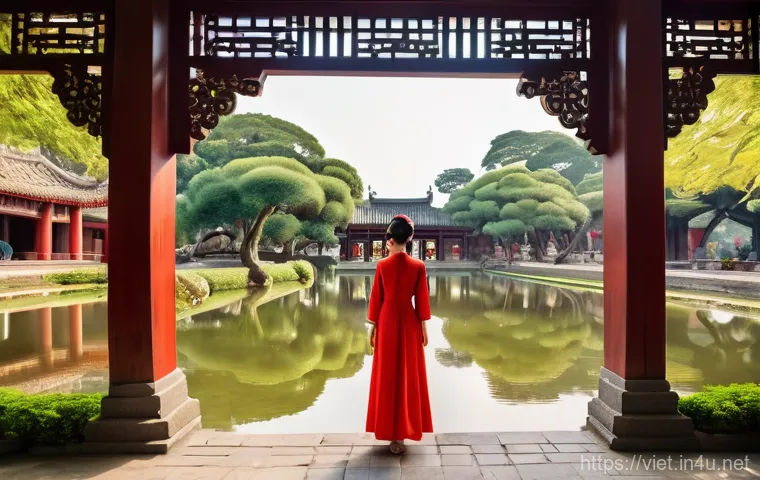 베트남 하노이 문묘 - **The Courtyard of Doctoral Stelae:** A medium shot focusing on the impressive stone stelae mounted ...