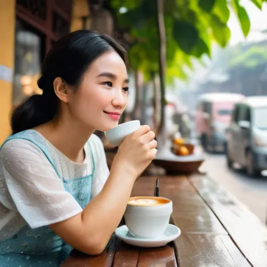 베트남에서 유명한 커피 브랜드 - A vibrant outdoor cafe scene in Hanoi, Vietnam, on a bright, sunny day. A traditional Vietnamese 'ph...