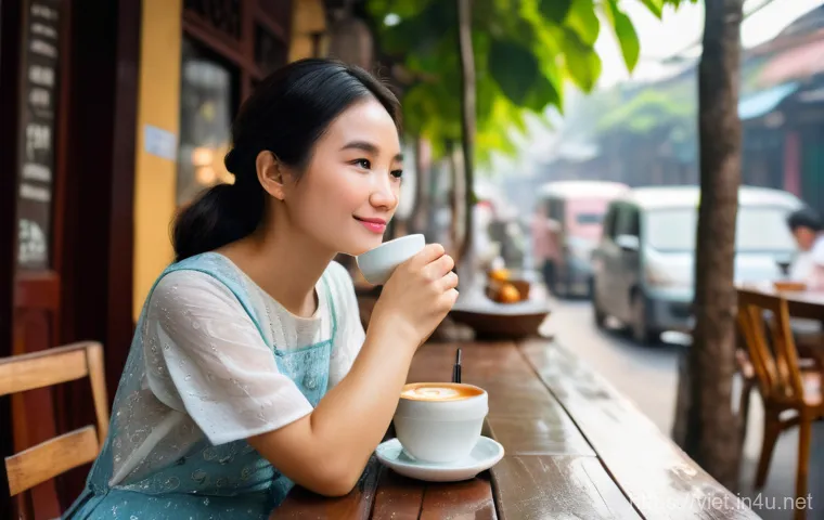 베트남에서 유명한 커피 브랜드 - A vibrant outdoor cafe scene in Hanoi, Vietnam, on a bright, sunny day. A traditional Vietnamese 'ph...
