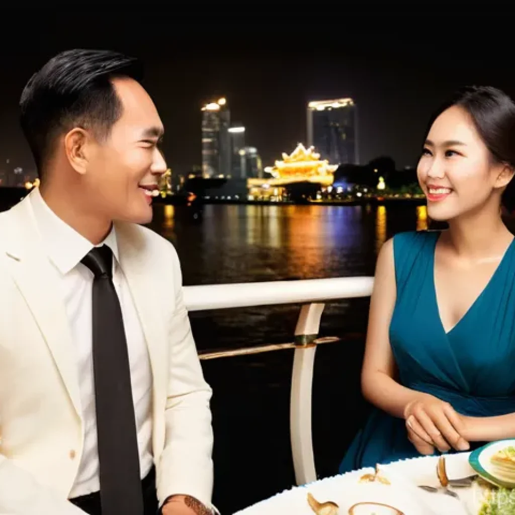 베트남 호치민 사이공 강 크루즈 - **Prompt 1: Romantic Saigon River Dinner Cruise at Night**
    An elegant couple, dressed in sophist...