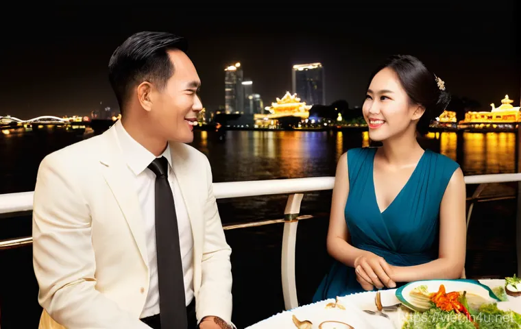베트남 호치민 사이공 강 크루즈 - **Prompt 1: Romantic Saigon River Dinner Cruise at Night**
    An elegant couple, dressed in sophist...