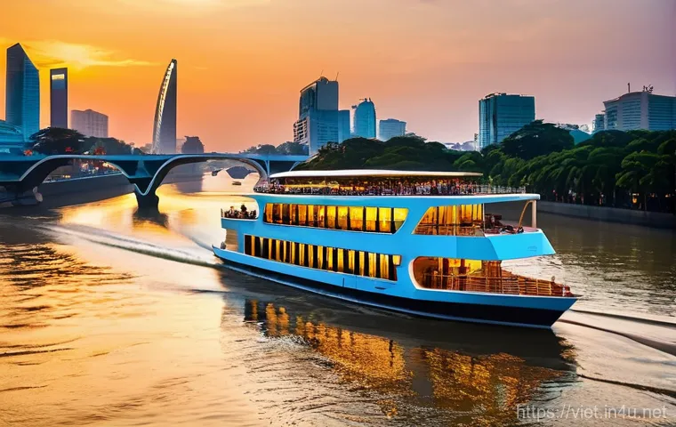 베트남 호치민 사이공 강 크루즈 - **Prompt 1: Romantic Saigon River Dinner Cruise at Night**
    An elegant couple, dressed in sophist...