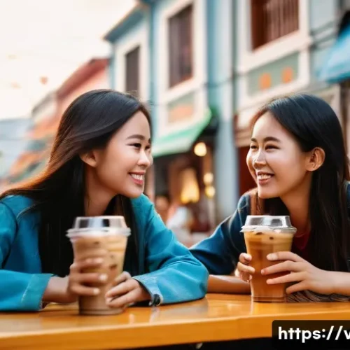 Home 32 베트남과 한국의 문화 차이 - A vibrant outdoor Vietnamese café scene at sunset. Two young Vietnamese women are smiling warmly, ma...