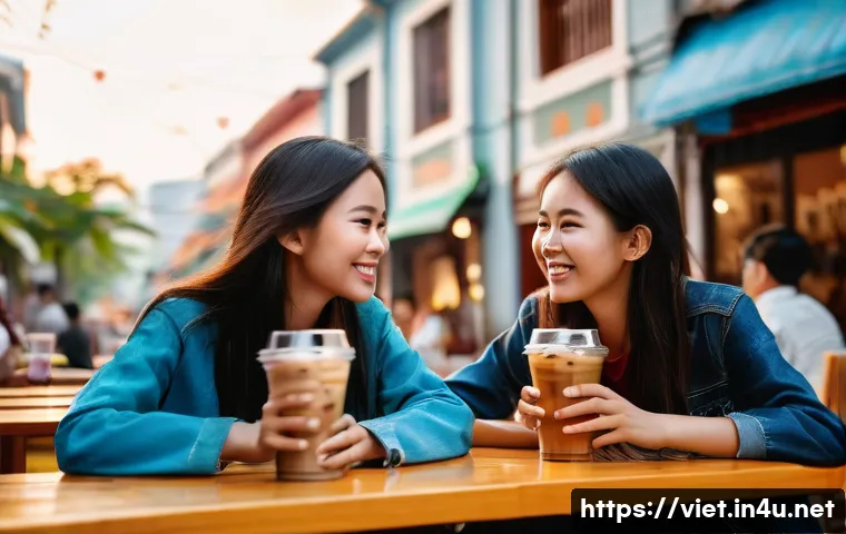 베트남과 한국의 문화 차이 - A vibrant outdoor Vietnamese café scene at sunset. Two young Vietnamese women are smiling warmly, ma...