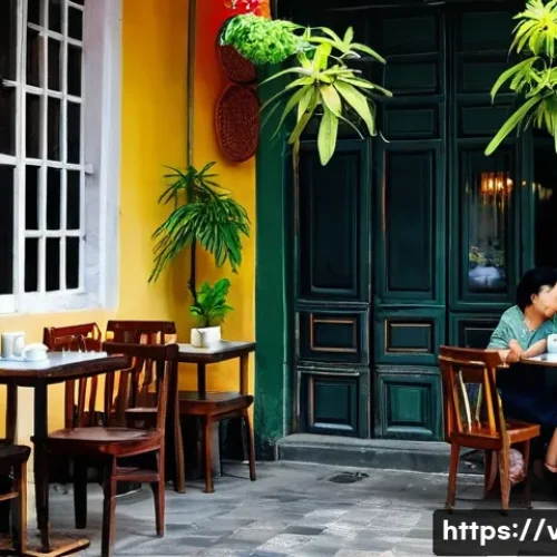 Home 31 베트남 로컬 카페 문화 - A cozy, traditional Vietnamese local cafe in the Old Quarter of Hanoi. The scene is indoors, with so...