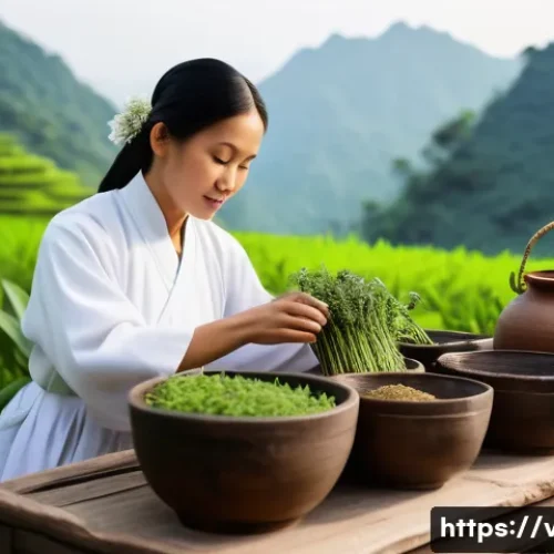 Home 17 베트남 전통 의료법 - A serene Vietnamese herbal medicine scene in a lush mountainous landscape, featuring a traditional h...