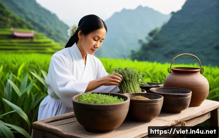 베트남 전통 의료법 - A serene Vietnamese herbal medicine scene in a lush mountainous landscape, featuring a traditional h...