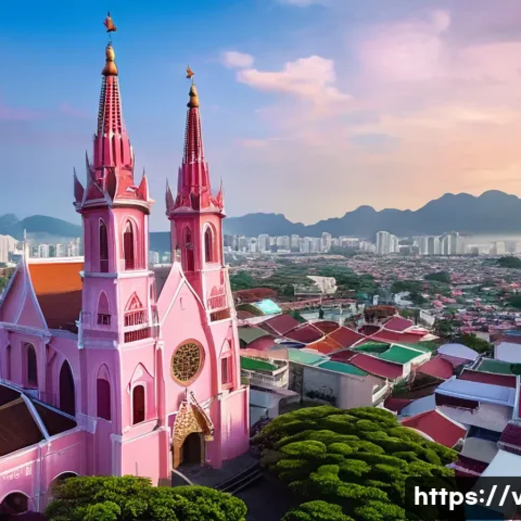 베트남 다낭 대성당 - A stunning view of Da Nang Cathedral with its iconic pink Gothic-style exterior illuminated by soft ...