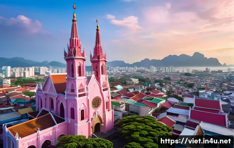 베트남 다낭 대성당 - A stunning view of Da Nang Cathedral with its iconic pink Gothic-style exterior illuminated by soft ...