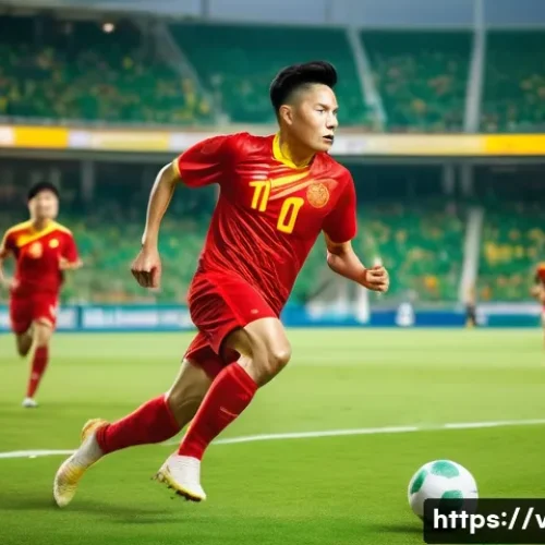 베트남 축구 대표팀 현황 - A dynamic scene of a Vietnamese male football player wearing a modern red and yellow national team u...