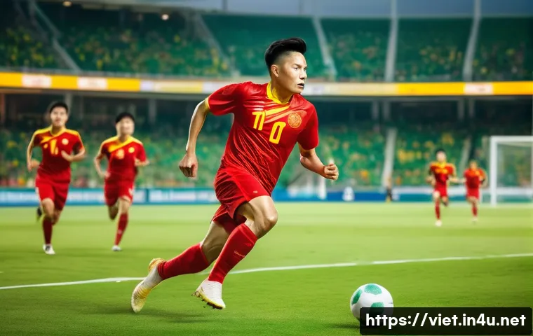 베트남 축구 대표팀 현황 - A dynamic scene of a Vietnamese male football player wearing a modern red and yellow national team u...