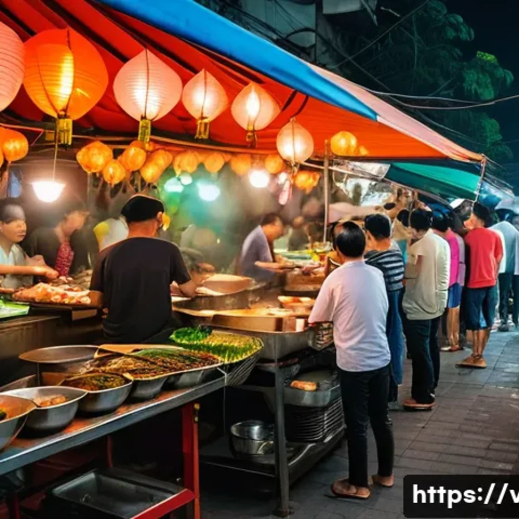 베트남 스트리트 푸드 투어 - A vibrant Vietnamese street food market scene at night, bustling with locals and tourists enjoying v...