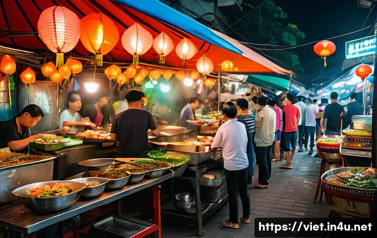 베트남 스트리트 푸드 투어 - A vibrant Vietnamese street food market scene at night, bustling with locals and tourists enjoying v...