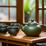 베트남 전통 차 시음 - A serene traditional Vietnamese tea house interior featuring wooden and bamboo decor, soft natural l...