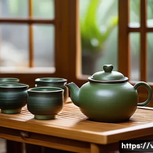 베트남 전통 차 시음 - A serene traditional Vietnamese tea house interior featuring wooden and bamboo decor, soft natural l...