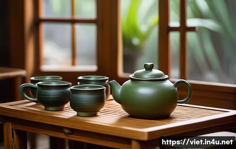 베트남 전통 차 시음 - A serene traditional Vietnamese tea house interior featuring wooden and bamboo decor, soft natural l...