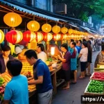 베트남 현지 시장에서 흥정하는 법 - A bustling Vietnamese market scene at dusk, vibrant street stalls illuminated by warm yellow lights,...