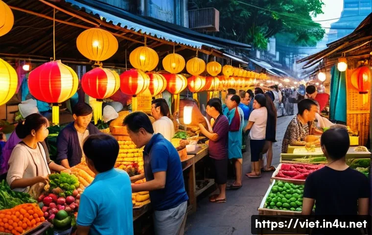 베트남 현지 시장에서 흥정하는 법 - A bustling Vietnamese market scene at dusk, vibrant street stalls illuminated by warm yellow lights,...