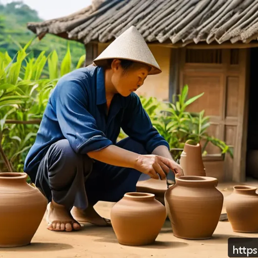 베트남 도자기 마을 방문 - A traditional Vietnamese pottery village scene featuring skilled artisans shaping clay on potter’s w...