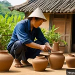 베트남 도자기 마을 방문 - A traditional Vietnamese pottery village scene featuring skilled artisans shaping clay on potter&rsquo;s w...