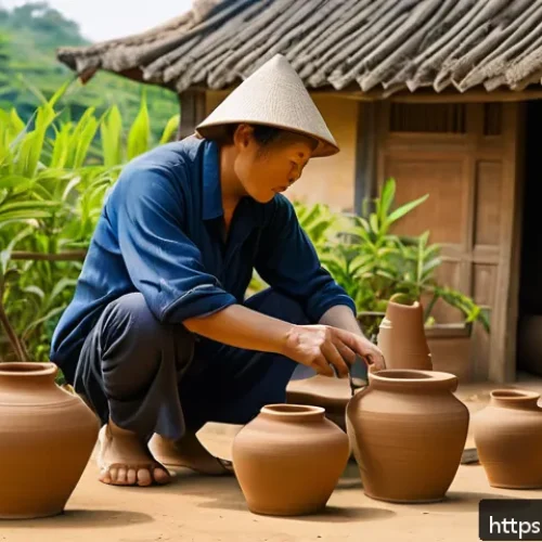 베트남 도자기 마을 방문 - A traditional Vietnamese pottery village scene featuring skilled artisans shaping clay on potter&rsquo;s w...