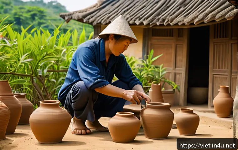베트남 도자기 마을 방문 - A traditional Vietnamese pottery village scene featuring skilled artisans shaping clay on potter’s w...