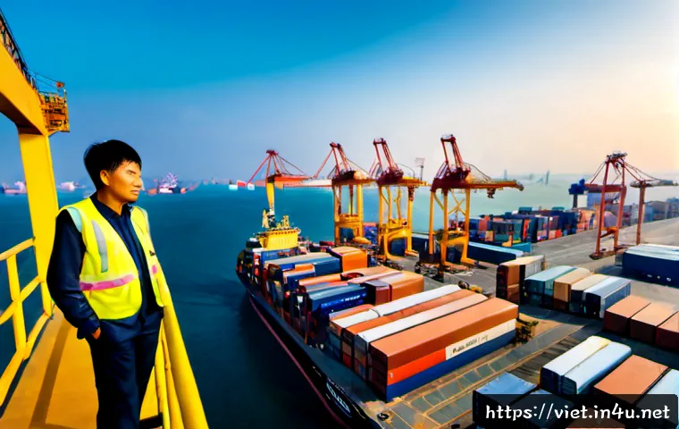 Home 17 베트남의 주요 무역 상대국 - Photorealistic aerial view of a modern Vietnamese deep-water container port at sunrise, colorful car...