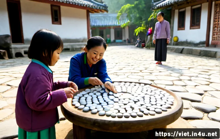 Home 17 베트남 전통놀이 소개 - Photorealistic outdoor scene of Vietnamese children and grandparents playing ô ăn quan, a traditiona...