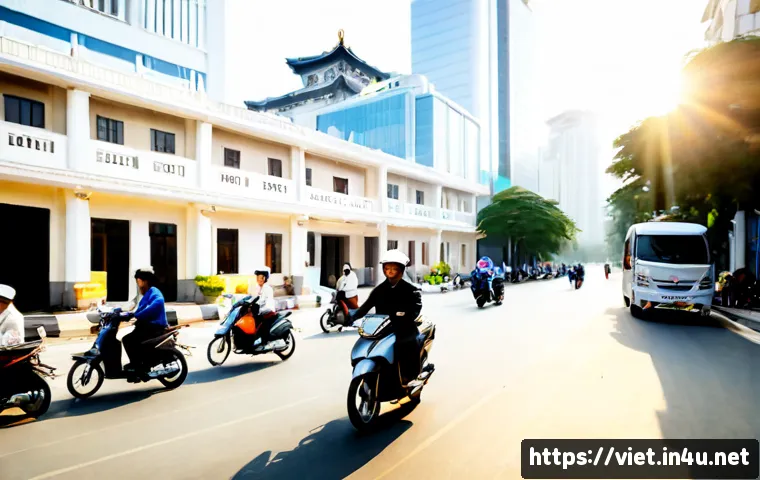 Home 30 베트남 공산주의와 개혁 - Photorealistic wide-angle view of a modern Vietnamese city street at early morning, an older histori...
