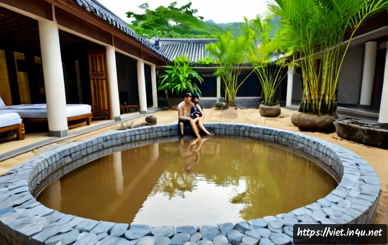 Home 17 베트남 나트랑 머드 스파 - Photorealistic wide-angle view of a tranquil Nha Trang mud spa courtyard, a middle-aged Asian couple...