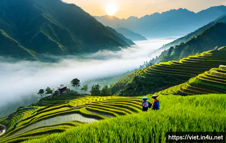 Home 17 베트남의 계절별 여행지 추천 - Photorealistic spring travel scene in northern Vietnam, a peaceful emerald rice terrace valley near ...
